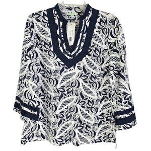 Jade Womens Blue Lacy Leaves Tunic Blouse 3/4 Sleeve Split Neck Size XL NWT